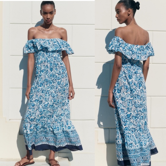 Zara Dresses & Skirts - NWT Zara Floral Print Off The Shoulder Dress Blue/White Sz S